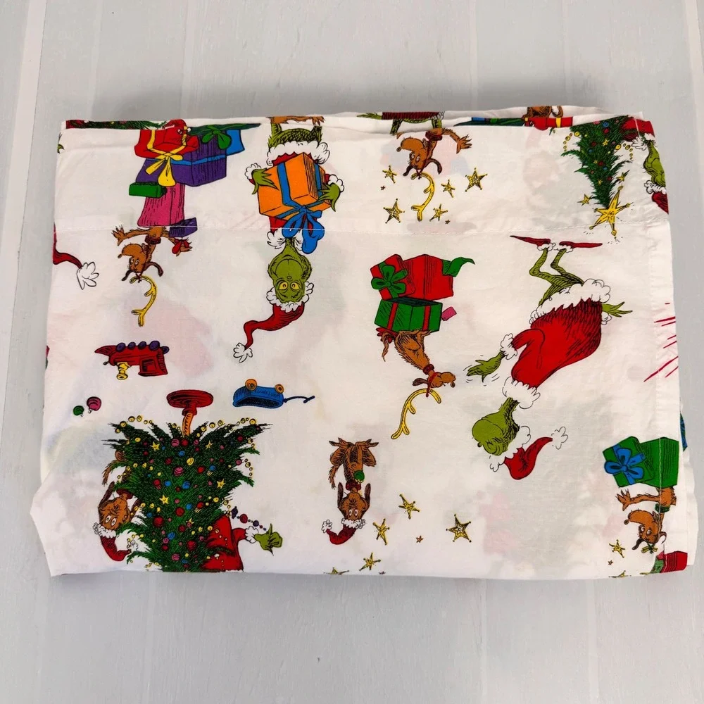 Pottery Barn Kids Flat Sheet Twin White The Grinch Holiday Christmas Bedding